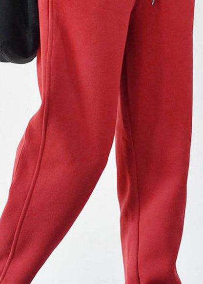 Fitted Red Elastic Waist Cinched Warm Fleece Pants Winter