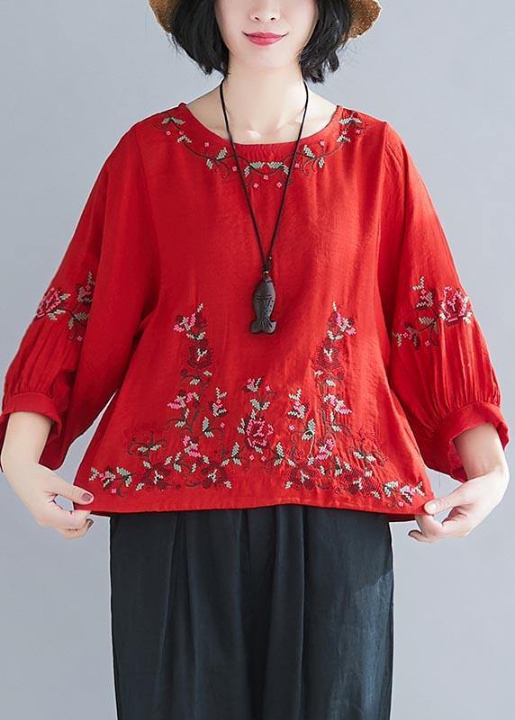 Fitted Red Lantern Sleeve Summer Cotton Linen Top