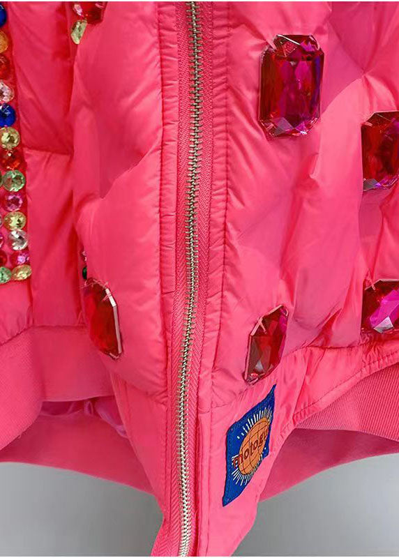 Fitted Rose O-neck Nail Bead Zircon Duck Down Down Coat Winter