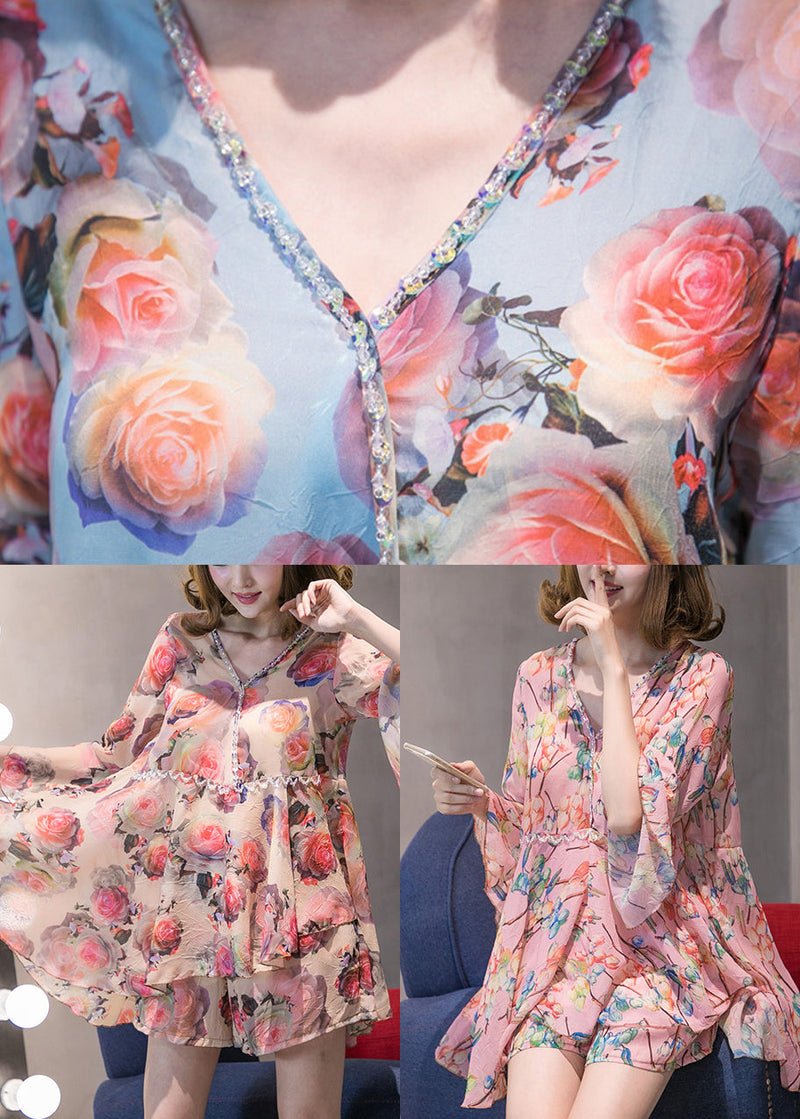 Fitted Sky Blue Ruffled Chiffon Top Hot Pants Two Piece Set Flare Sleeve