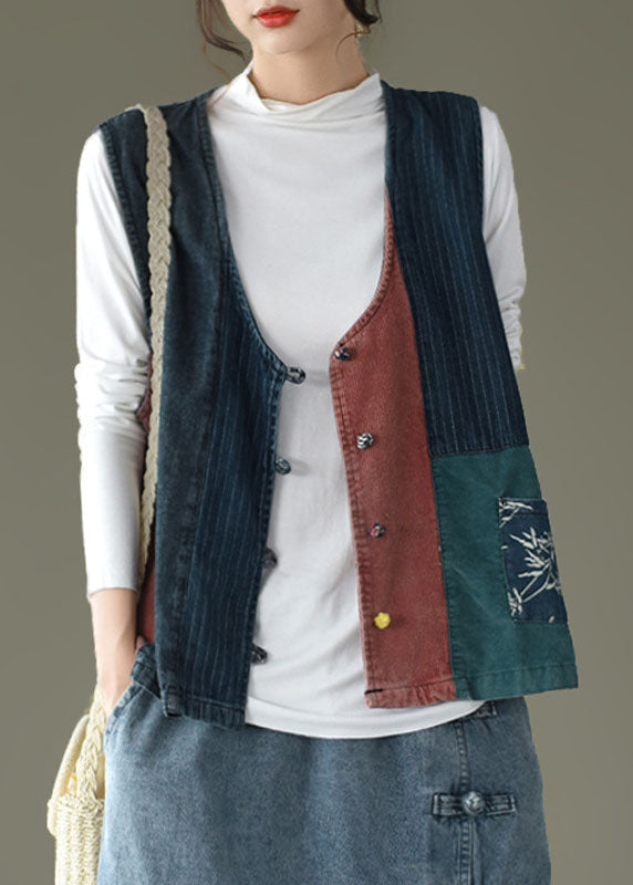 Fitted V Neck Button Patchwork Denim Tanks Sleeveless