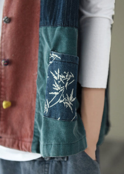 Fitted V Neck Button Patchwork Denim Tanks Sleeveless