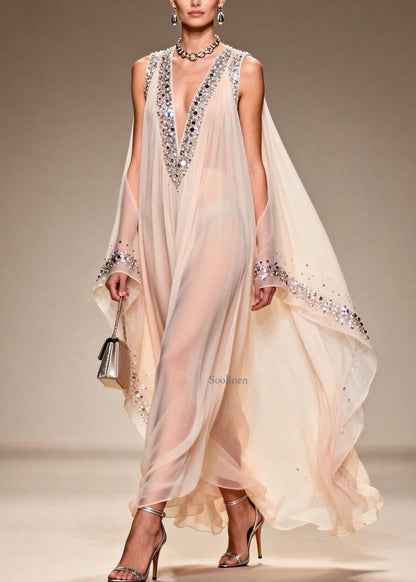 Fitted V Neck Cold Shoulder Zircon Chiffon Dress Summer