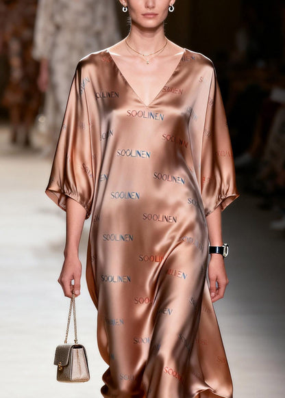 Fitted V Neck Silk Long Dress Lanter Sleeve
