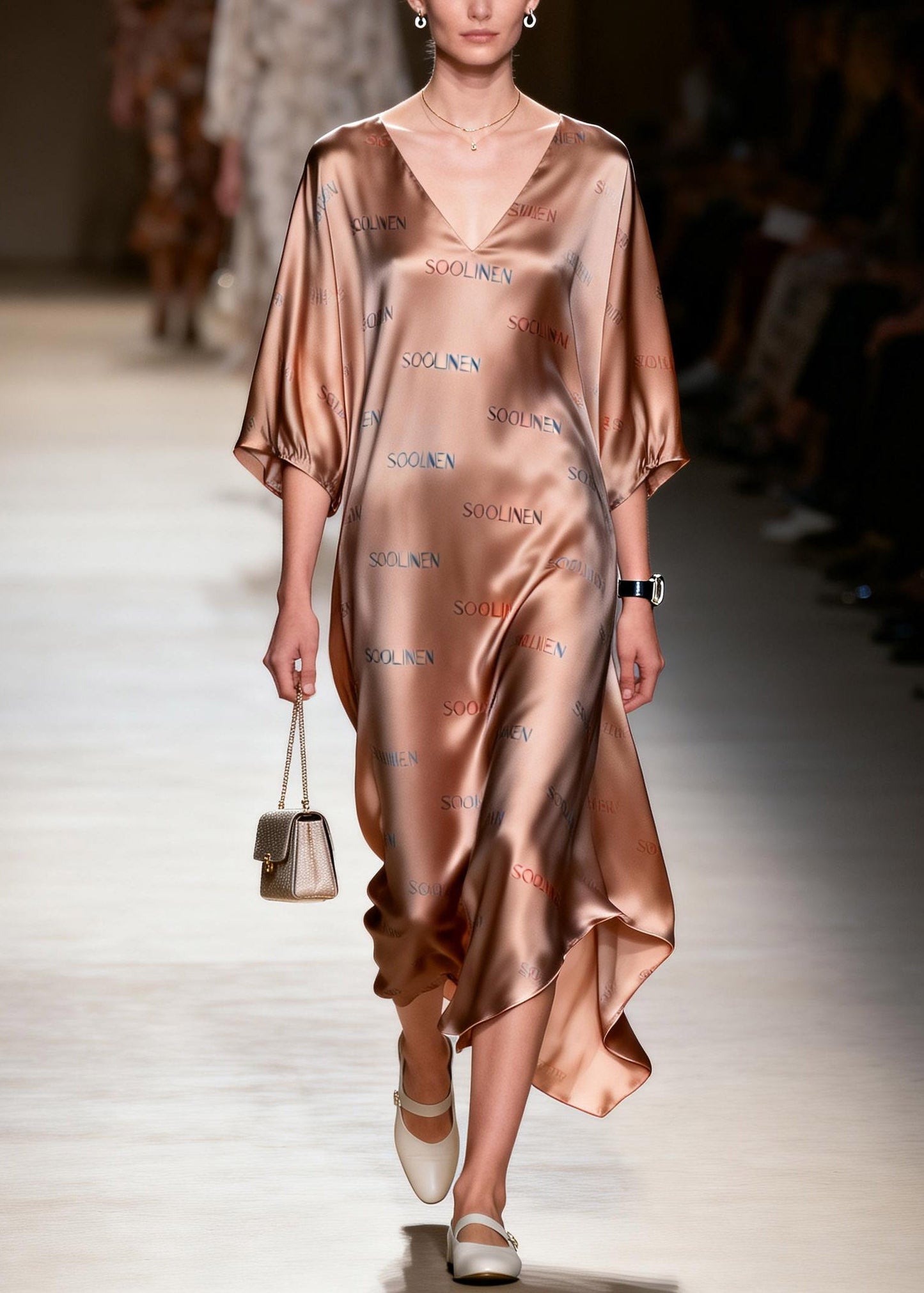 Fitted V Neck Silk Long Dress Lanter Sleeve