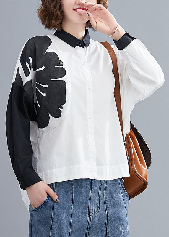 Fitted White Button Print Asymmetrical Design Fall Long Sleeve Blouse Tops
