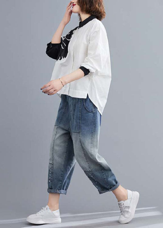 Fitted White Button Print Asymmetrical Design Fall Long Sleeve Blouse Tops