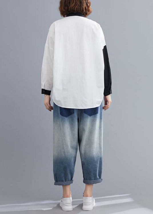 Fitted White Button Print Asymmetrical Design Fall Long Sleeve Blouse Tops
