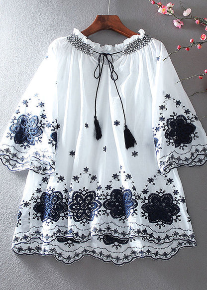 Fitted White Embroidered Cotton a Line Tops Summer