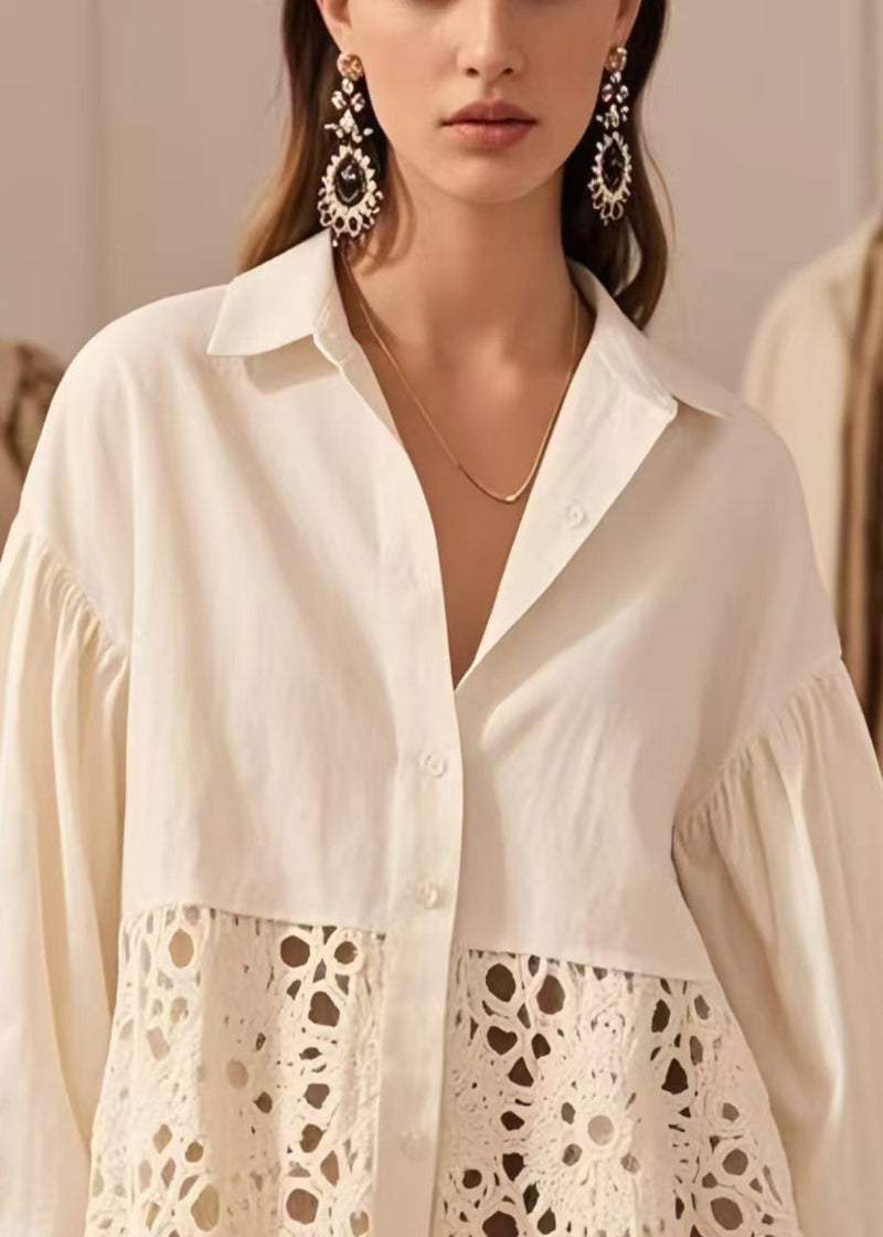 Fitted White Hollow Out Patchwork Cotton Shirts Spring