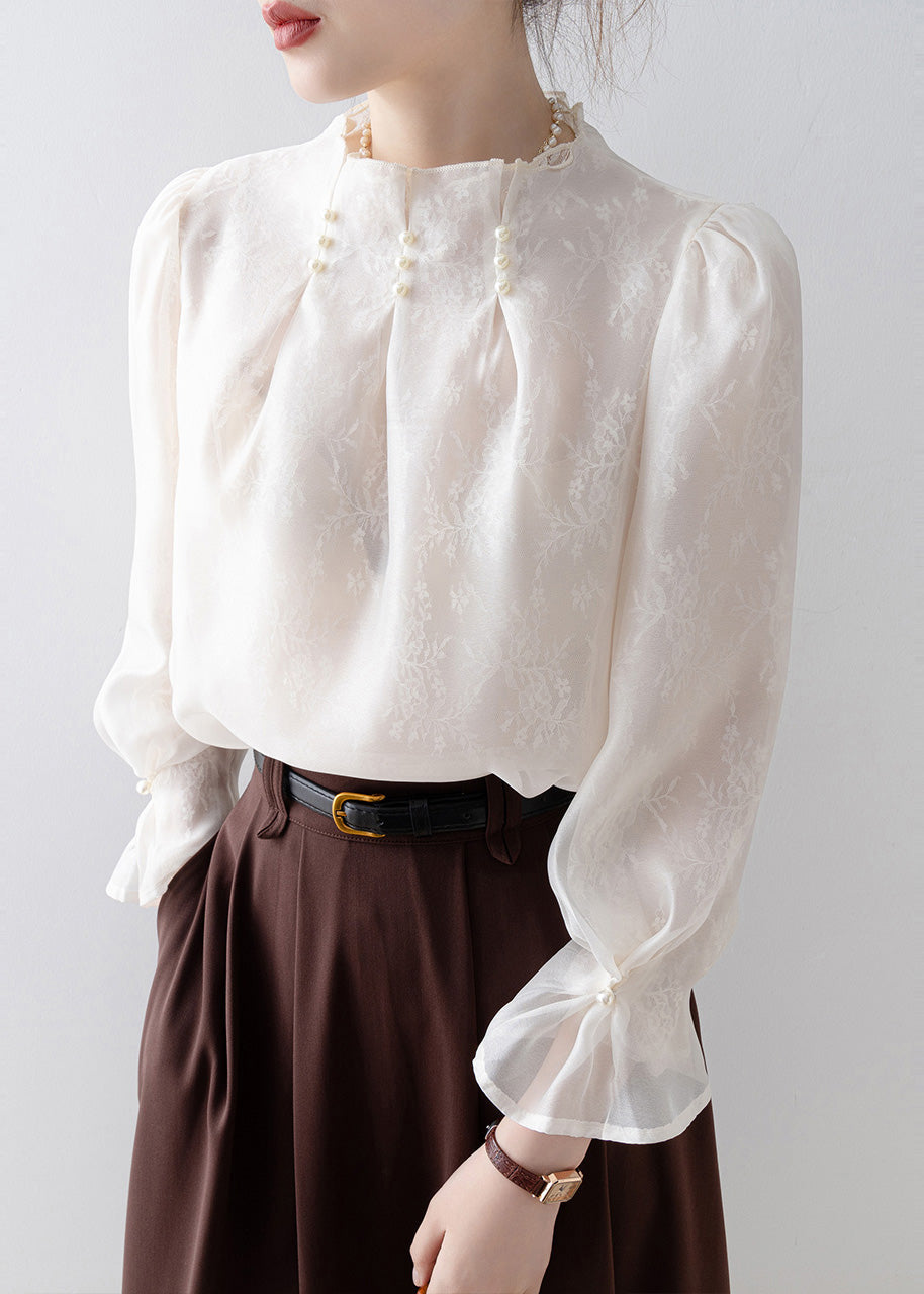Fitted White Jacquard Nail Bead Chiffon Top Winter