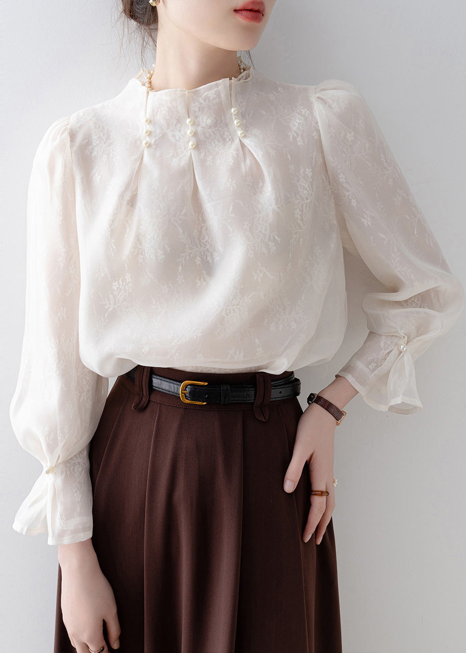 Fitted White Jacquard Nail Bead Chiffon Top Winter