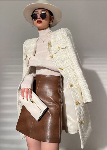 Fitted White O-neck Button Pockets Woolen Coats Long Sleeve