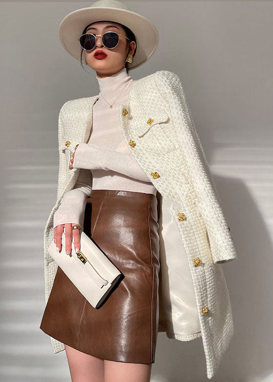Fitted White O-neck Button Pockets Woolen Coats Long Sleeve