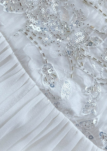 Fitted White O-neck Embroideried Sequined Silk Maxi Dress Long Sleeve