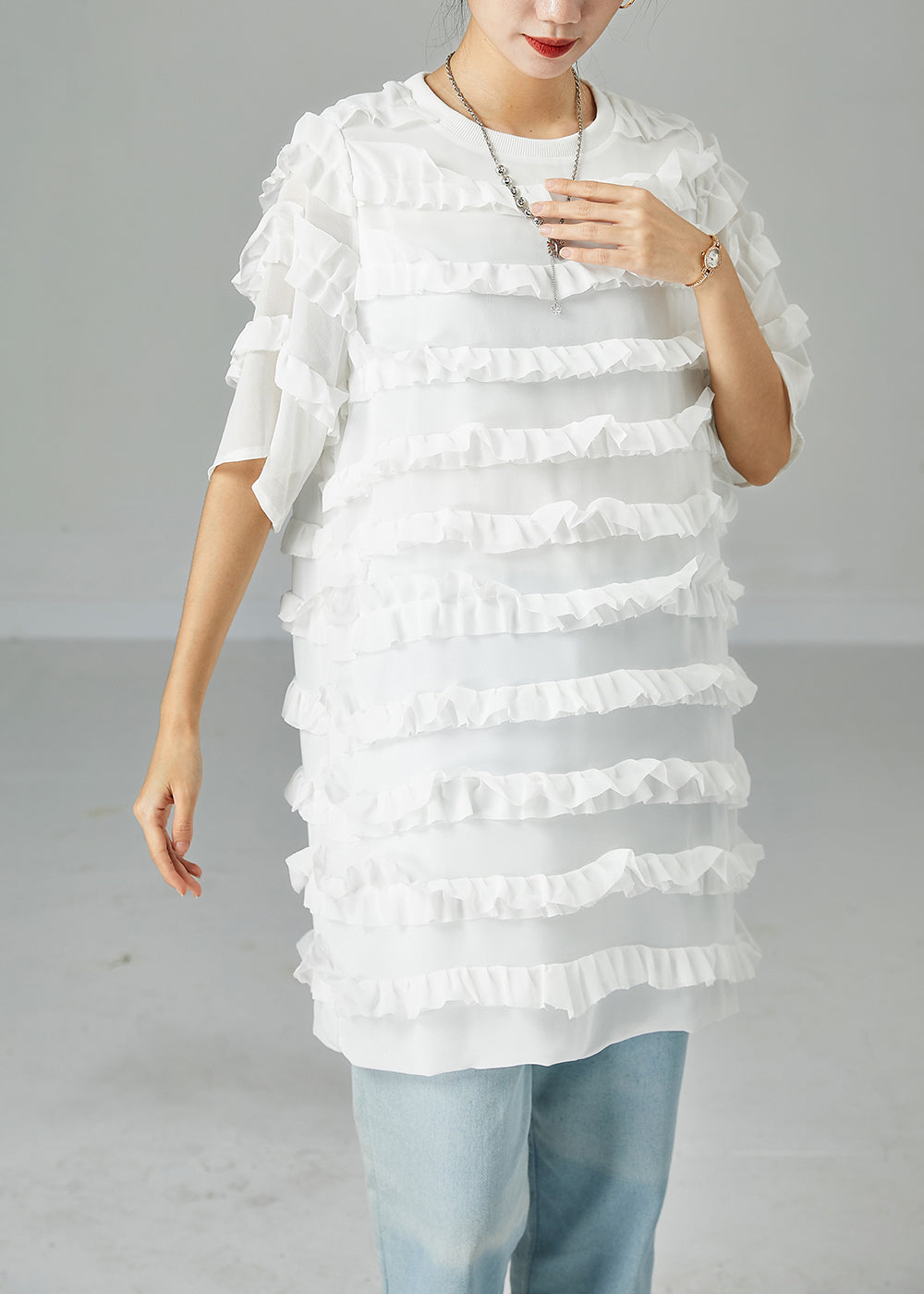 Fitted White O-neck Patchwork Ruffled Chiffon Dress Summer