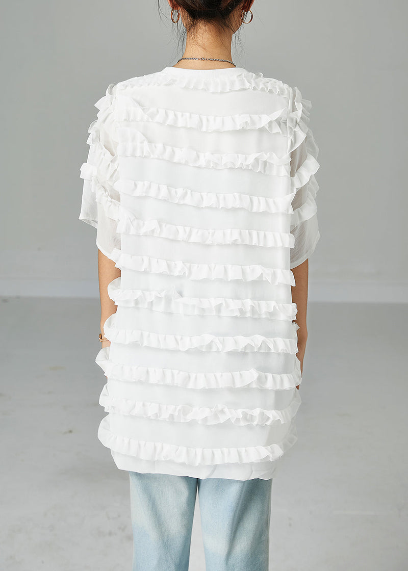 Fitted White O-neck Patchwork Ruffled Chiffon Dress Summer