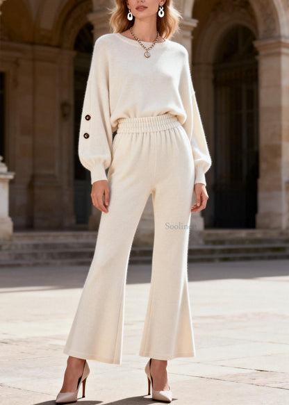 Fitted White O Neck Top and Flared Trousers Knit Two Pieces Set Spring