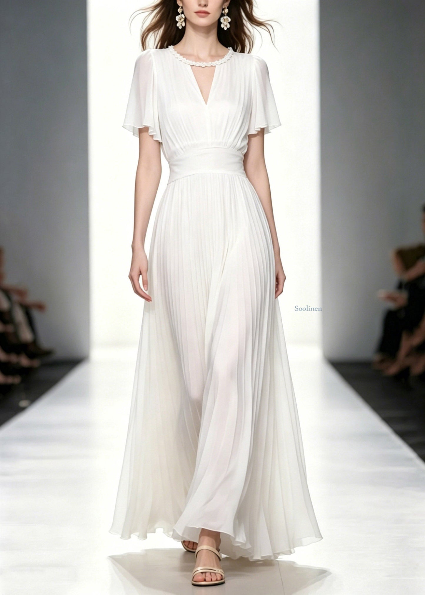 Fitted White O-neck Wrinkled Tunic Chiffon Long Dresses Summer