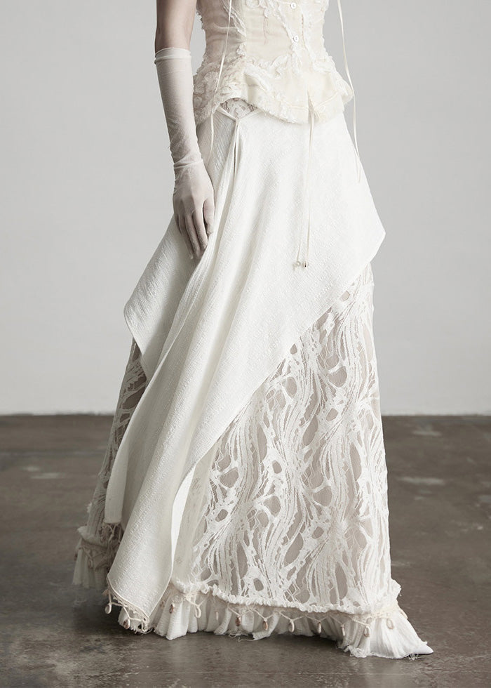 Fitted White Tassel Patchwork Lace Skirts Spring