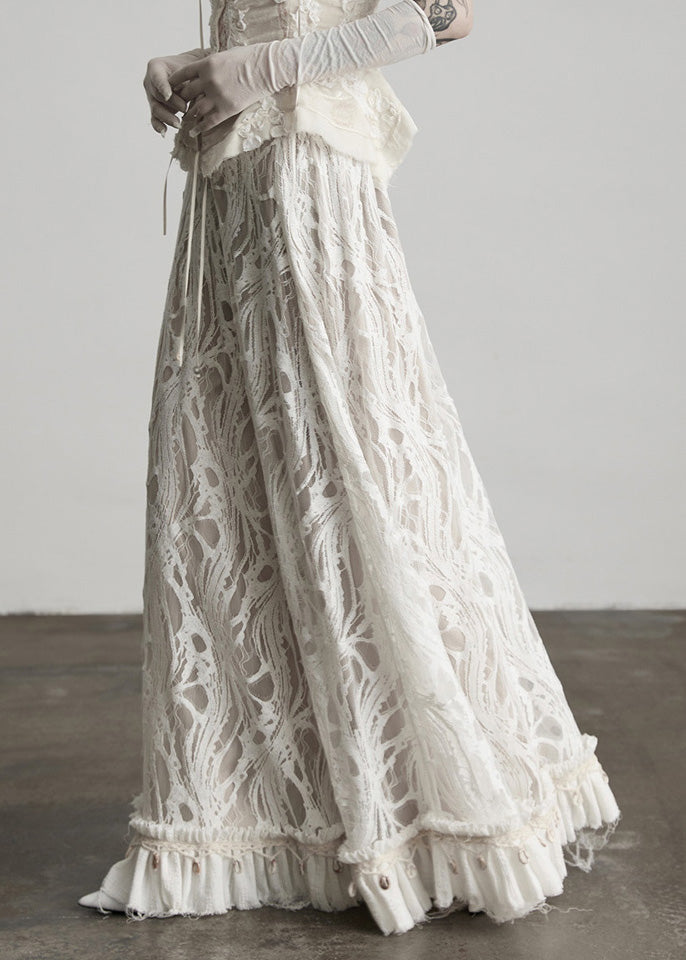 Fitted White Tassel Patchwork Lace Skirts Spring
