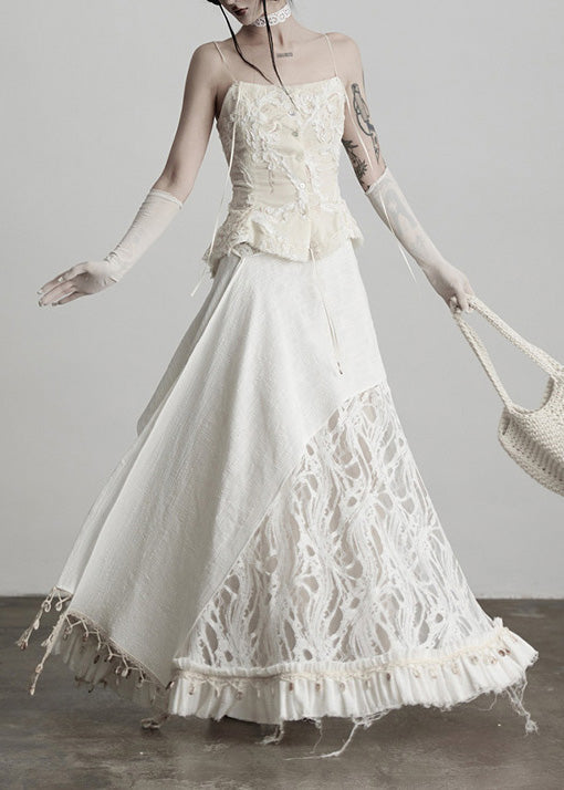 Fitted White Tassel Patchwork Lace Skirts Spring