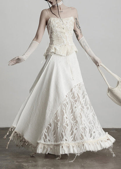 Fitted White Tassel Patchwork Lace Skirts Spring