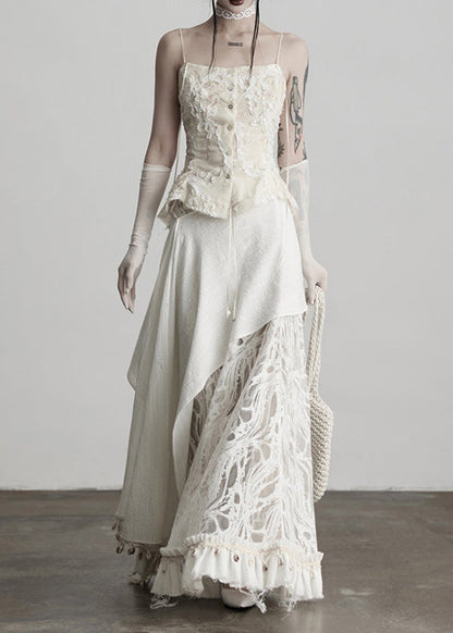 Fitted White Tassel Patchwork Lace Skirts Spring