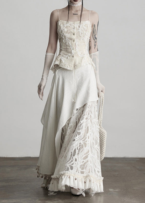 Fitted White Tassel Patchwork Lace Skirts Spring