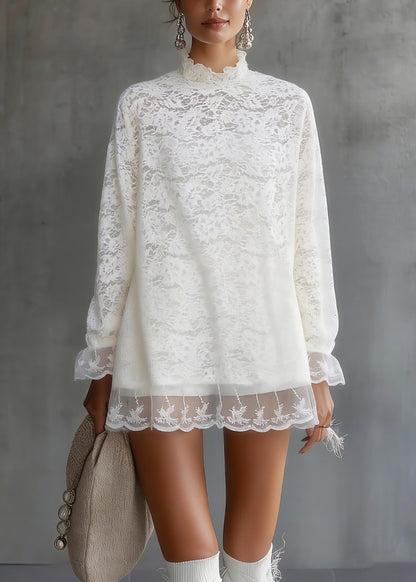 Fitted White Tulle Patchwork Lace Tops Spring