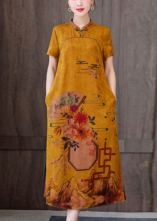Fitted Black Phoenix Mandarin Collar Print Pockets Silk Long Dresses Short Sleeve