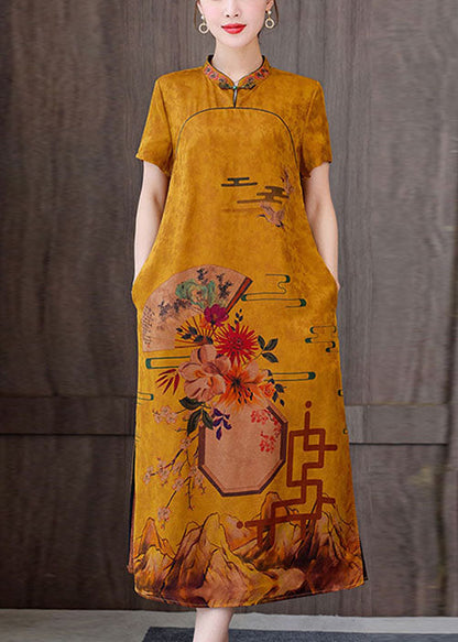 Fitted Yellow Flower Mandarin Collar Print Pockets Silk Long Dresses Short Sleeve