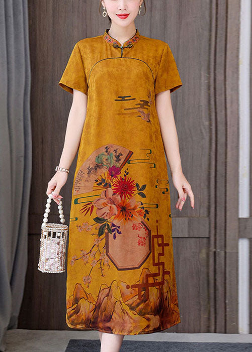 Fitted Yellow Letters Mandarin Collar Print Pockets Silk Long Dresses Short Sleeve