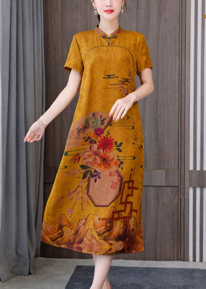 Fitted Yellow Letters Mandarin Collar Print Pockets Silk Long Dresses Short Sleeve