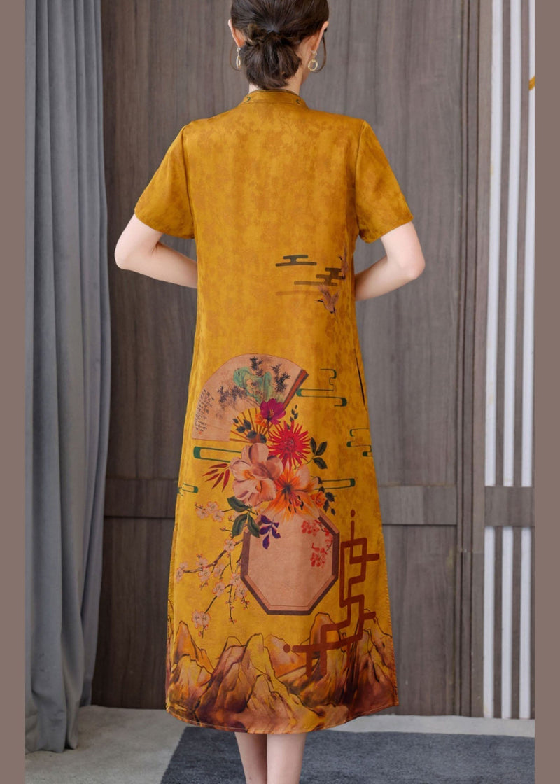 Fitted Yellow Letters Mandarin Collar Print Pockets Silk Long Dresses Short Sleeve