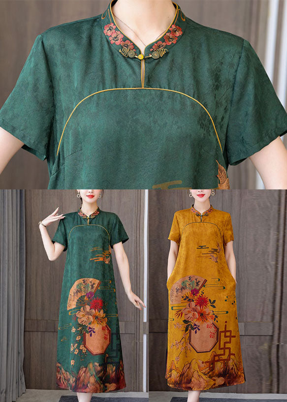Fitted Yellow Flower Mandarin Collar Print Pockets Silk Long Dresses Short Sleeve