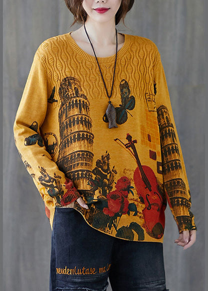 Fitted Yellow O-neck Loose Print Fall Knit Sweaters