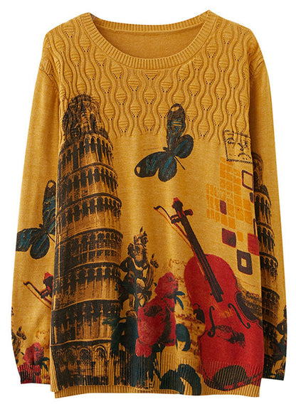Fitted Yellow O-neck Loose Print Fall Knit Sweaters