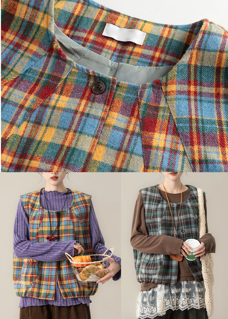 Fitted Yellow Oversized Plaid Cotton Vest Tops Spring