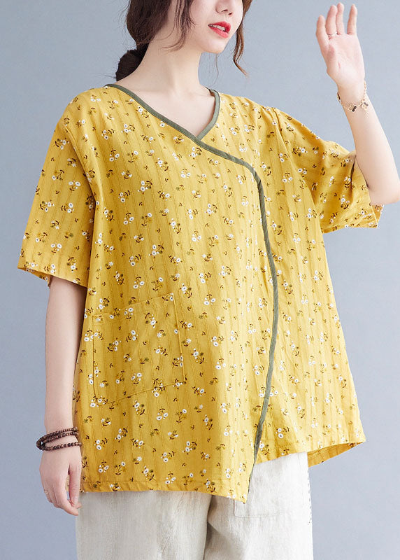 Fitted Yellow Pockets Print Asymmetrical Design Fall Shirt Tops Half Sleeve