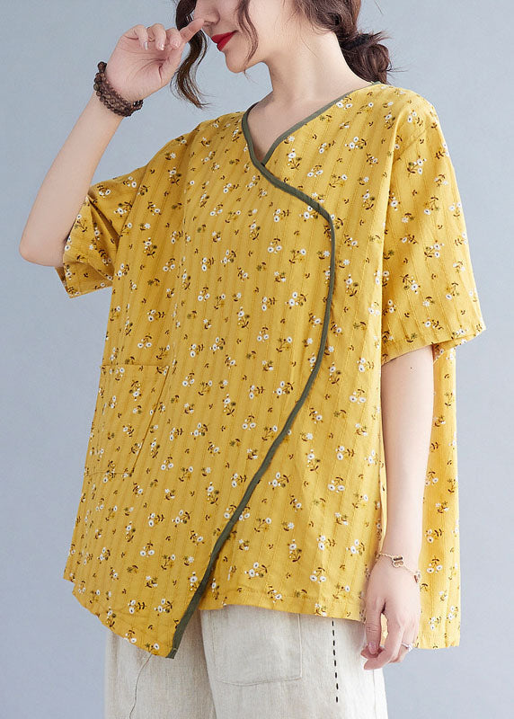 Fitted Yellow Pockets Print Asymmetrical Design Fall Shirt Tops Half Sleeve