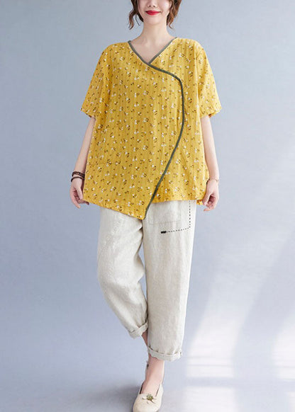 Fitted Yellow Pockets Print Asymmetrical Design Fall Shirt Tops Half Sleeve