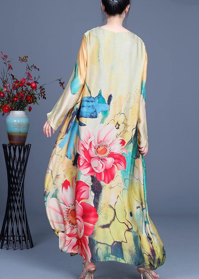 Fitted Yellow Print Long Sleeve Chiffon Maxi Dresses Summer
