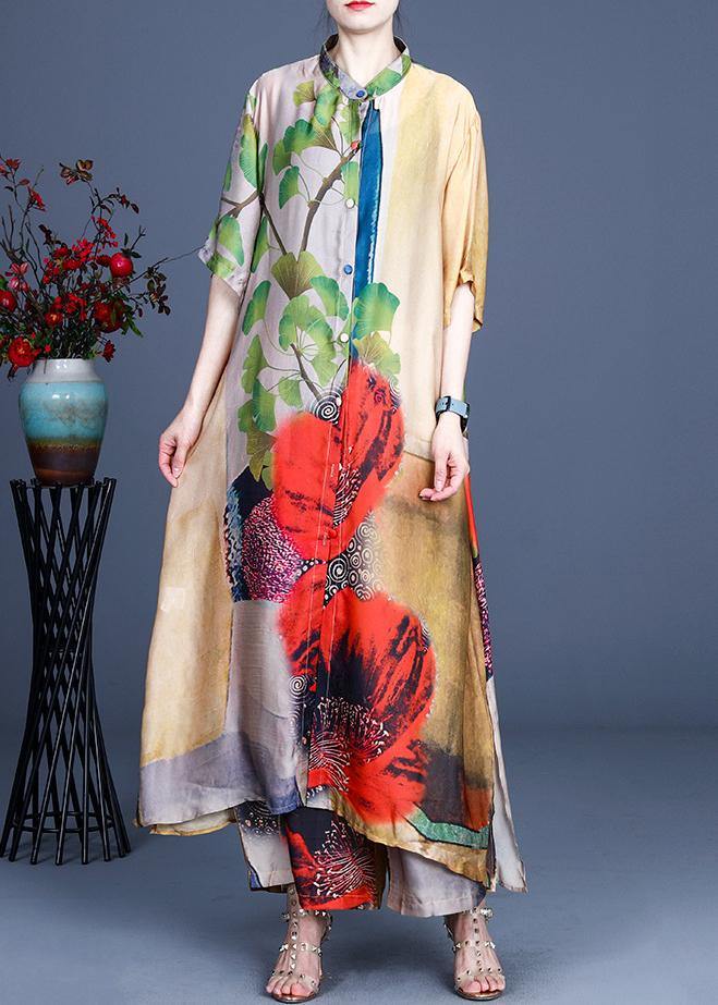 Fitted Yellow Print Long Silk Summer Sets Two Pieces