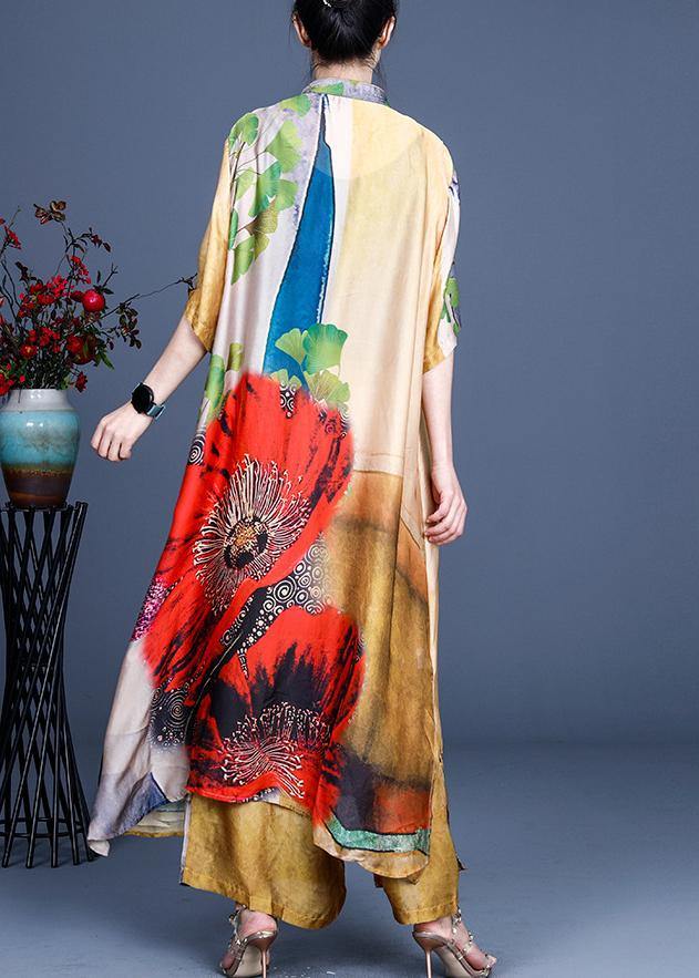 Fitted Yellow Print Long Silk Summer Sets Two Pieces