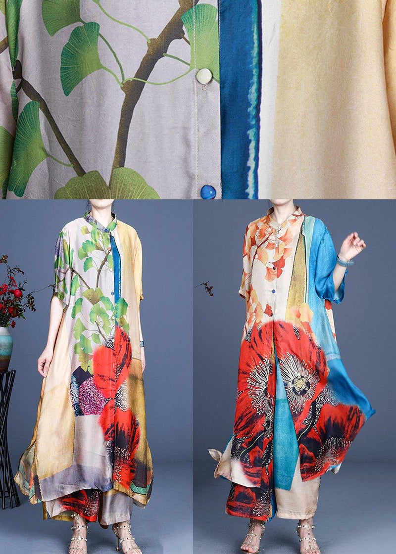 Fitted Yellow Print Long Silk Summer Sets Two Pieces