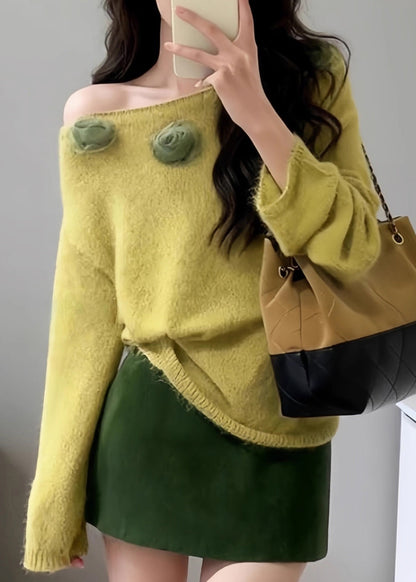 Fitted Yellow Slash Neck Decorated Knit Pullover Spring