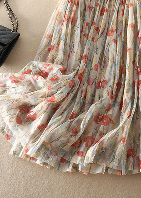 Fitted Zip Up Print Wrinkled Tulle Skirt Spring