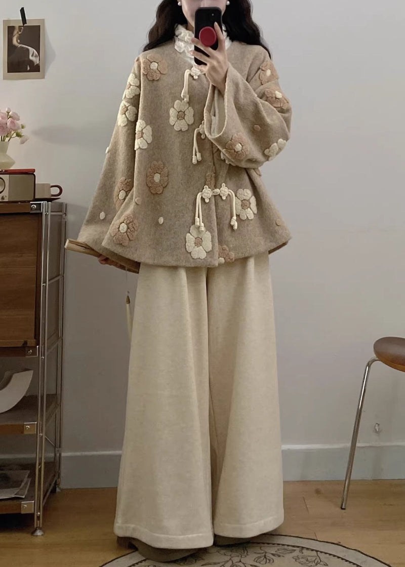 Apricot Chinese Button Coat and Wide Leg Pants Woolen Two Pieces Set Spring