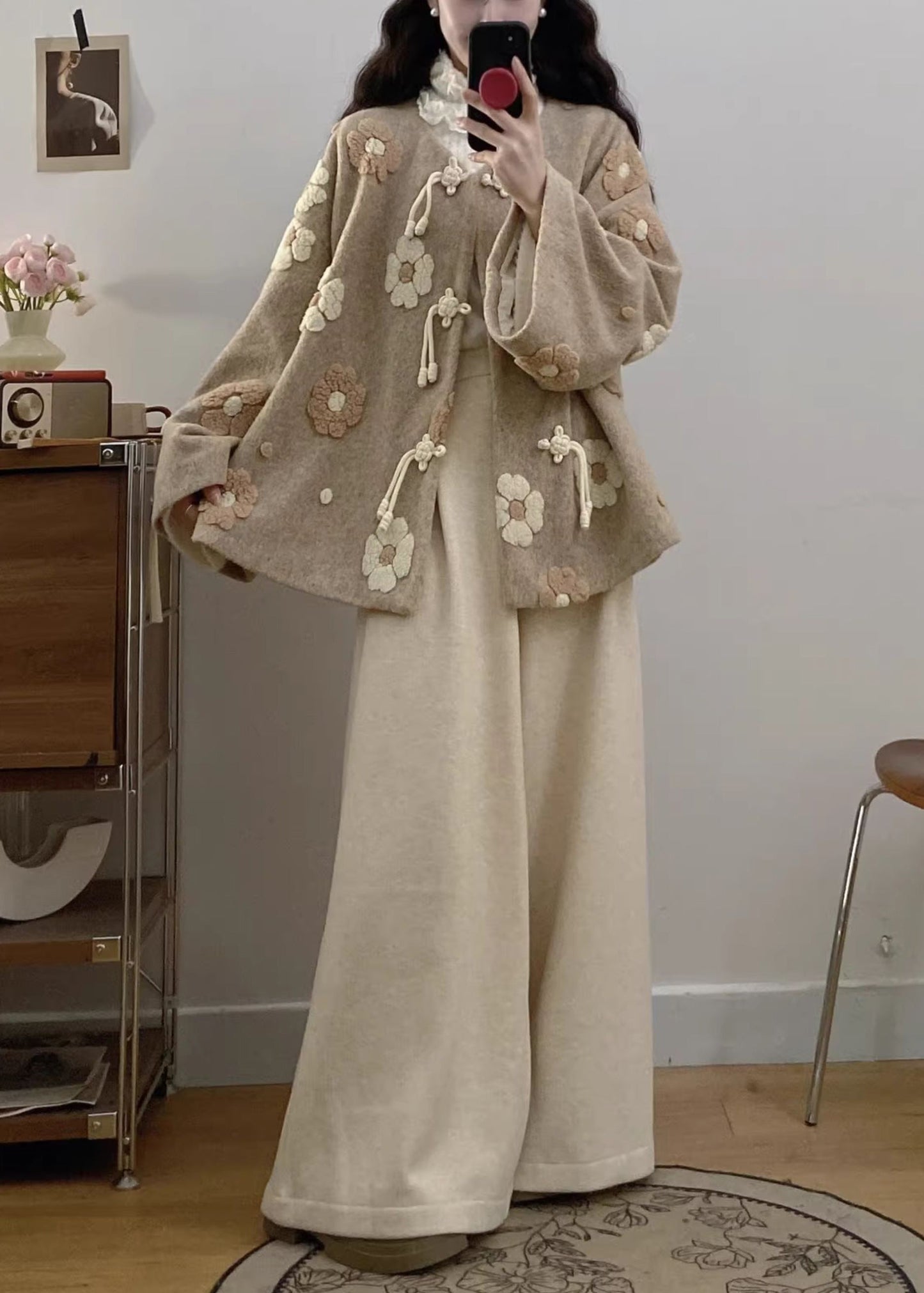 Apricot Chinese Button Coat and Wide Leg Pants Woolen Two Pieces Set Spring